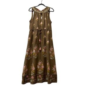 Spartina 449 Loretta Linen Midi Dress Brown Embroidered Halter Women's Large